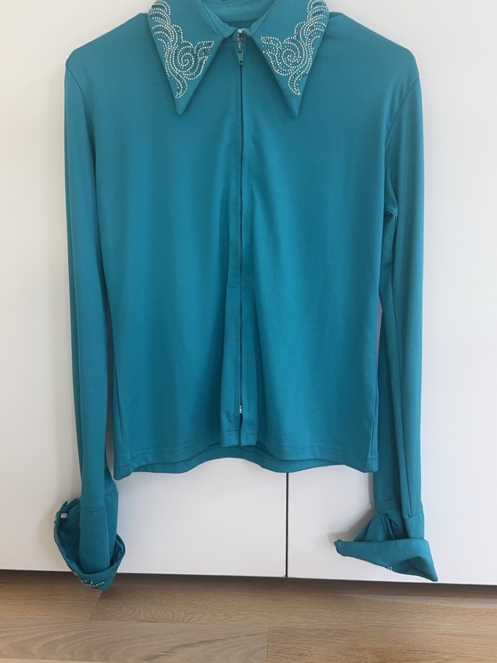 Royal Highness Equestrian Embellished-Collar Teal Zip-Front Women's Button Down
